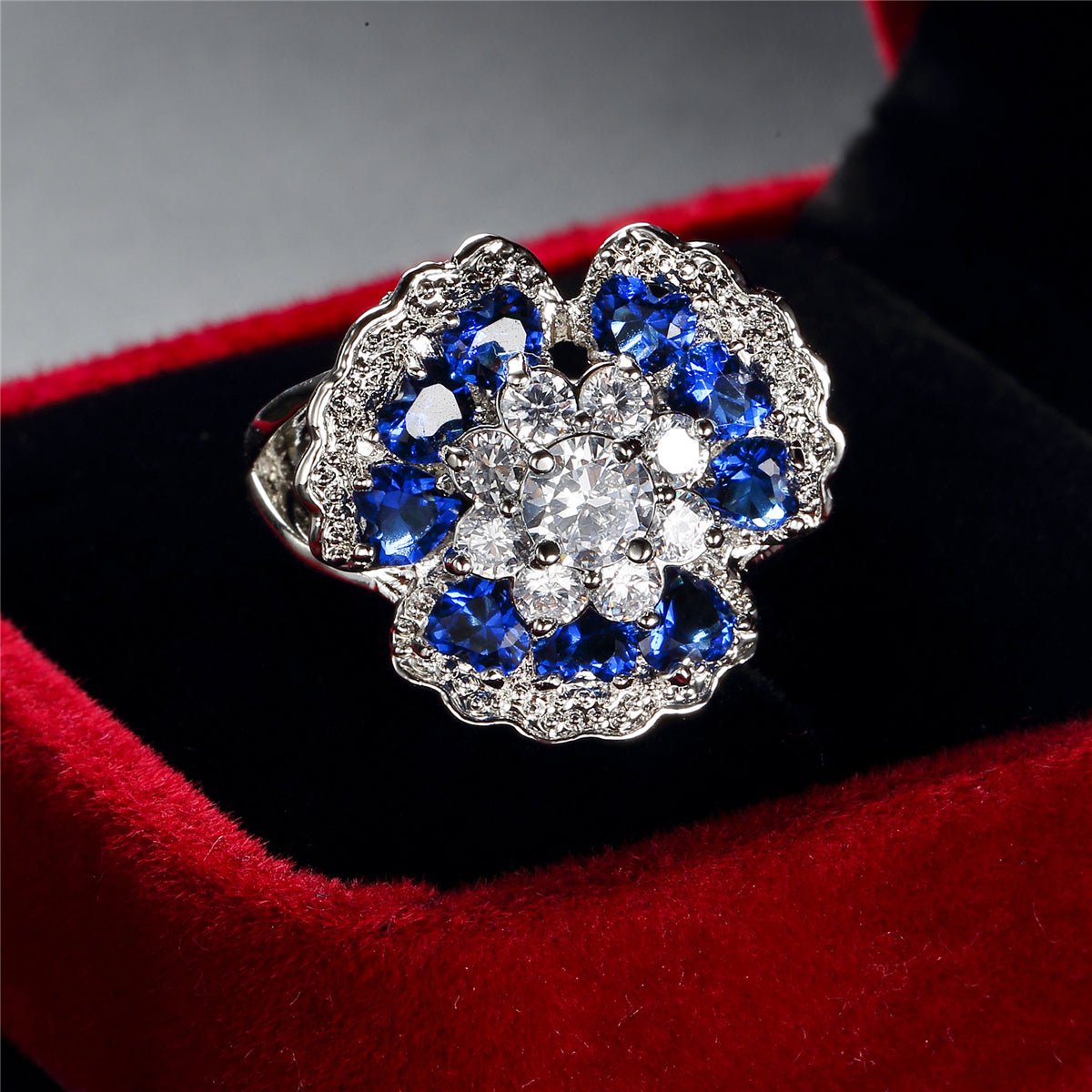 Navy Crystal and Cubic Zirconia Flower Petal Ring, statement rings for women, botanical inspired, side view