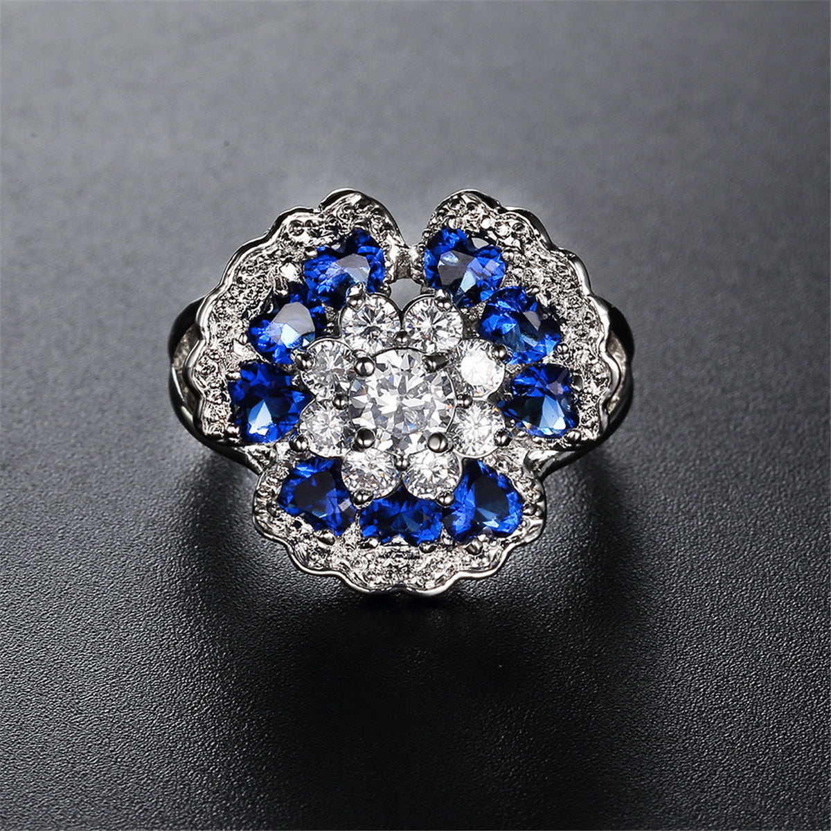 Navy Crystal and Cubic Zirconia Flower Petal Ring, statement rings for women, botanical inspired, detail close-up