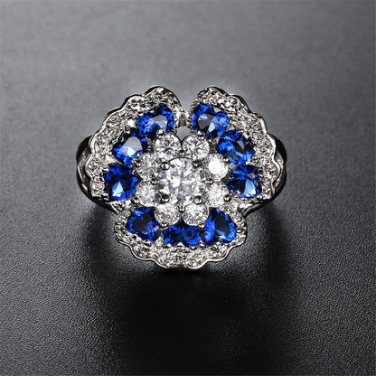 Navy Crystal and Cubic Zirconia Flower Petal Ring, statement rings for women, botanical inspired, detail close-up