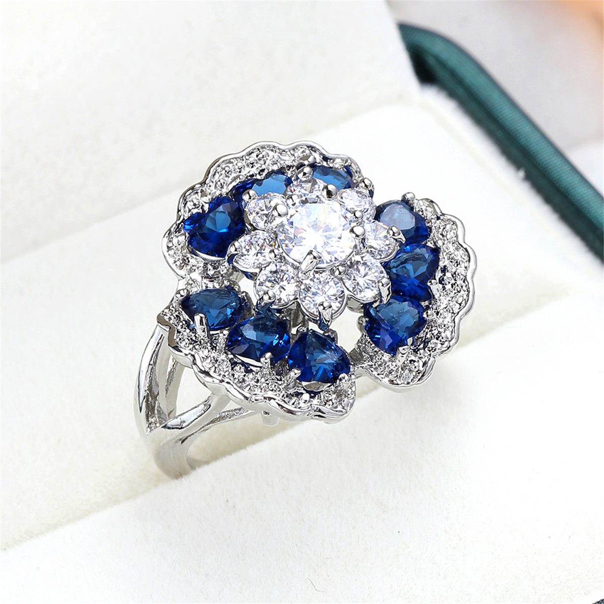 Navy Crystal and Cubic Zirconia Flower Petal Ring, statement rings for women, botanical inspired, lifestyle look