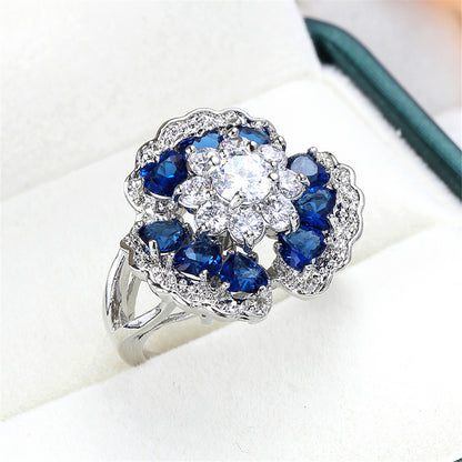 Navy Crystal and Cubic Zirconia Flower Petal Ring, statement rings for women, botanical inspired, lifestyle look