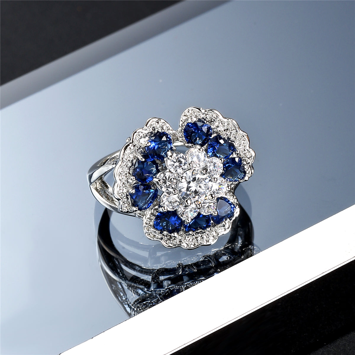 Navy Crystal and Cubic Zirconia Flower Petal Ring, statement rings for women, botanical inspired, styled look