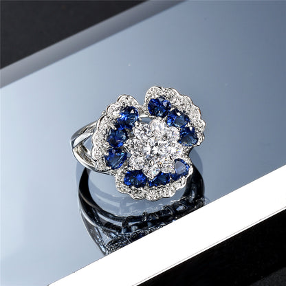 Navy Crystal and Cubic Zirconia Flower Petal Ring, statement rings for women, botanical inspired, styled look