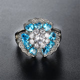 Sea Blue Cubic Zirconia & Crystal Floral Heart Ring