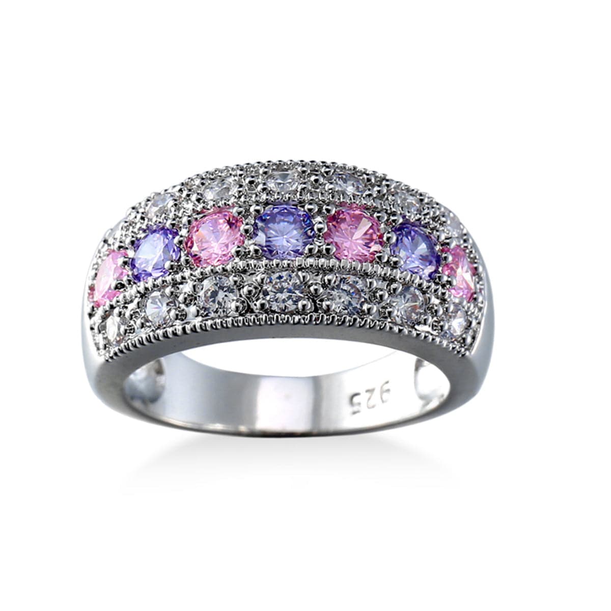 Pink Crystal & Silver-Plated Band Ring