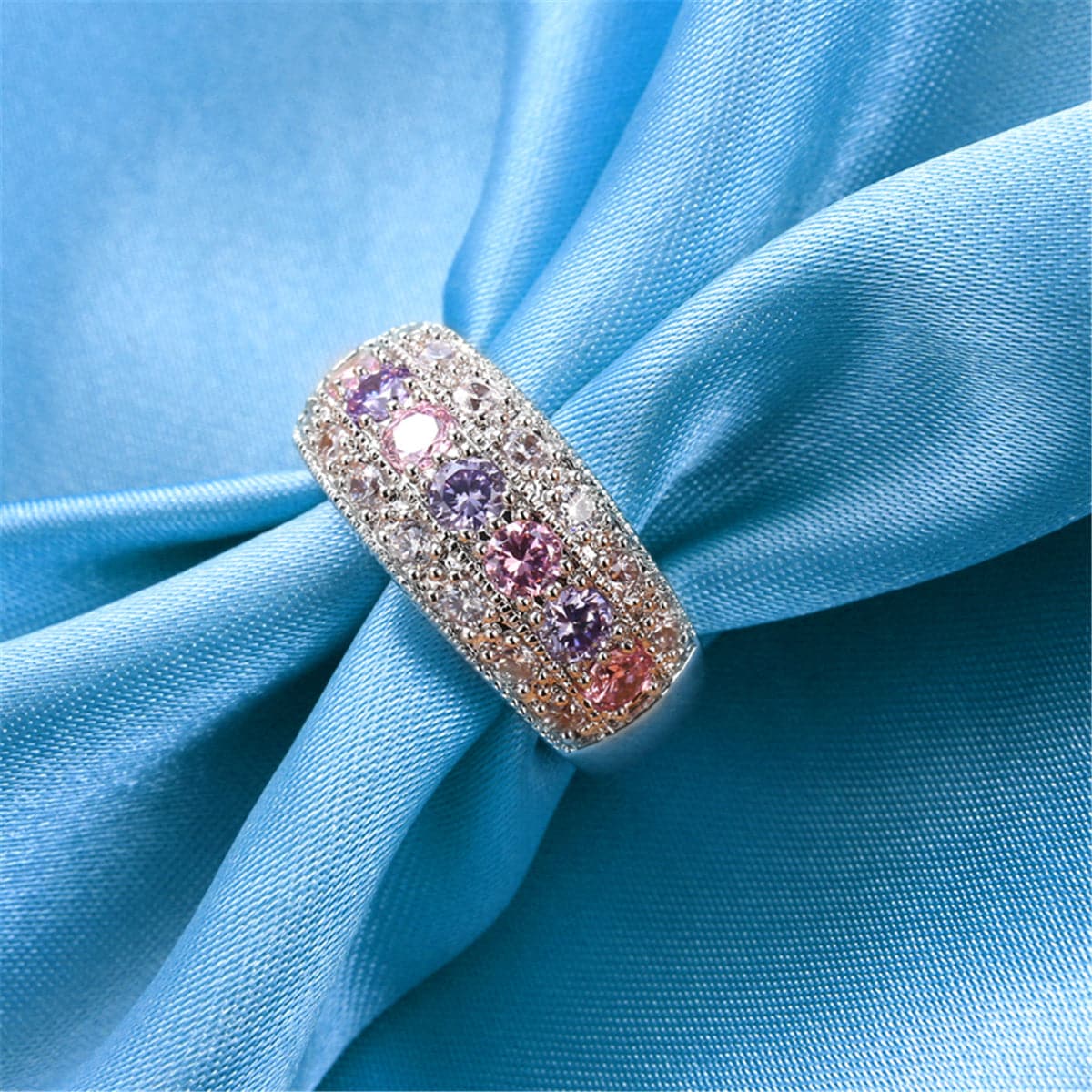 Pink Crystal & Silver-Plated Band Ring