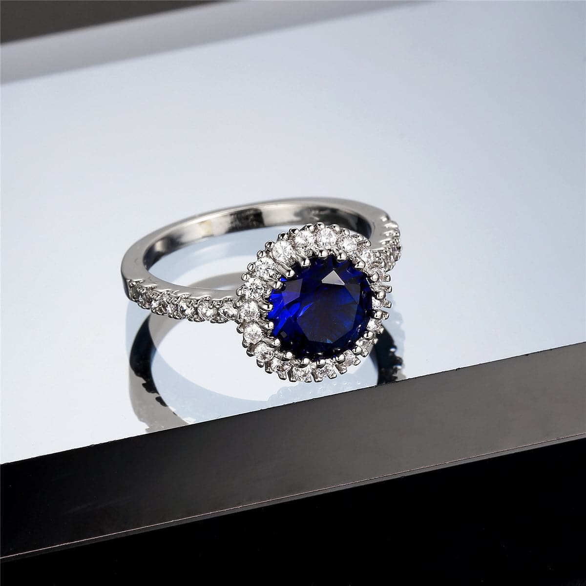 Navy Crystal & Silver-Plated Halo Ring
