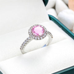 Pink Cubic Zirconia & Crystal Halo Prong Round Ring