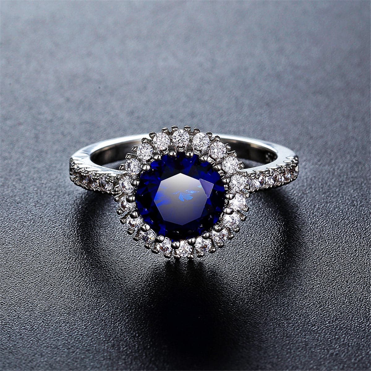 Navy Crystal & Silver-Plated Halo Ring