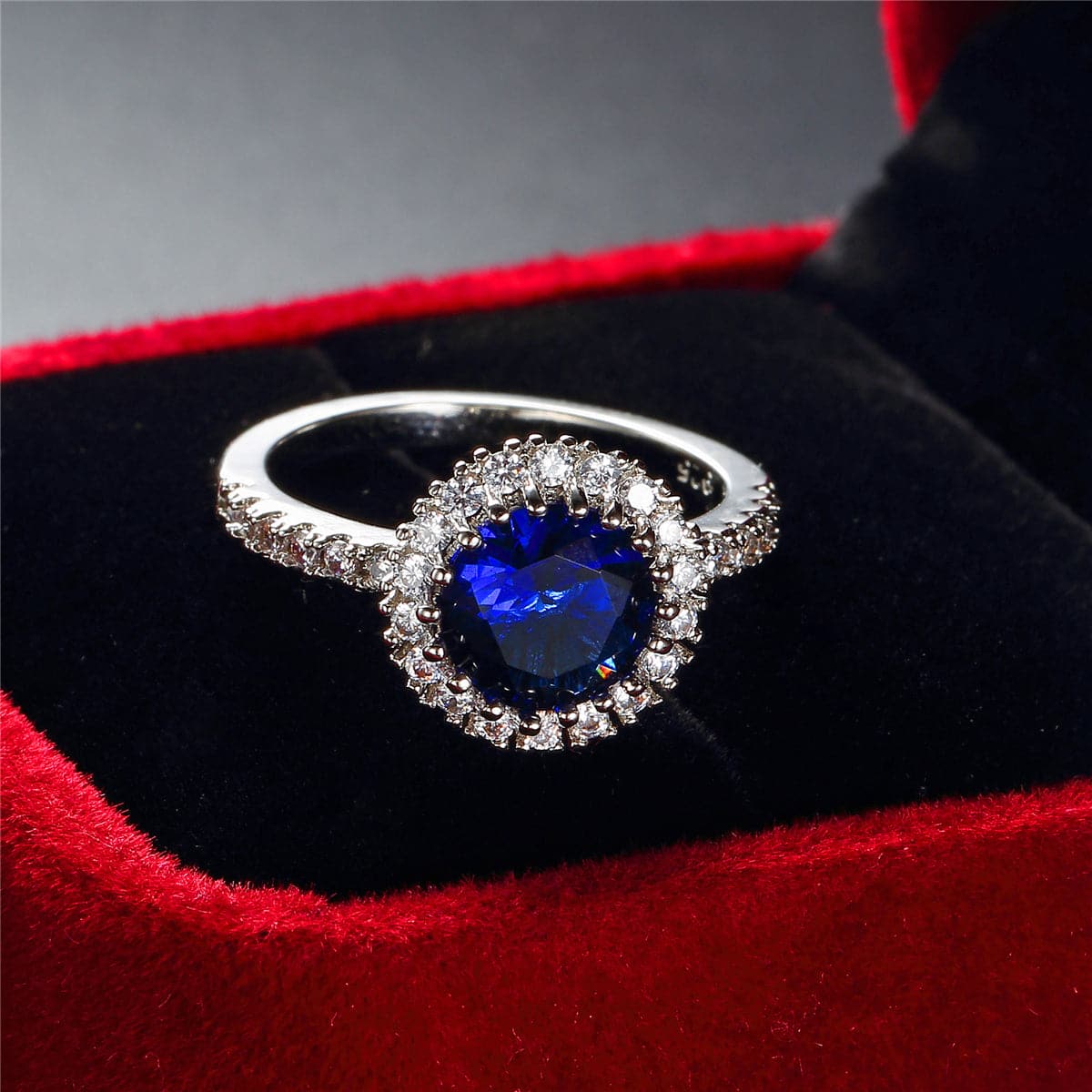 Navy Crystal & Silver-Plated Halo Ring