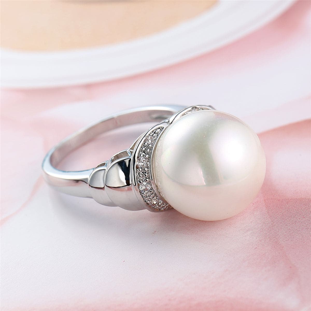 Pearl and Cubic Zirconia Silver-Plated Statement Ring, silver statement rings for women, dainty minimalist design, side view