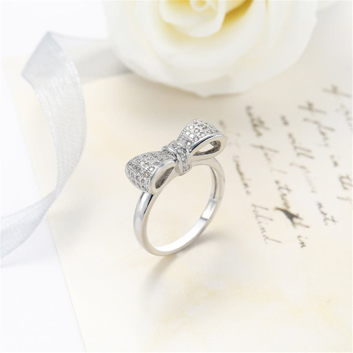 Cubic Zirconia & Silver-Plated Bow Ring
