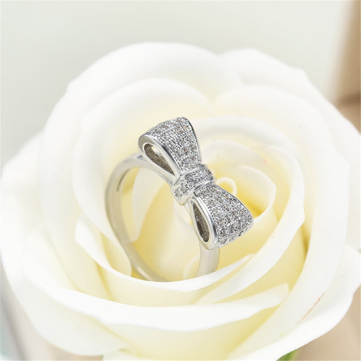Cubic Zirconia & Silver-Plated Bow Ring