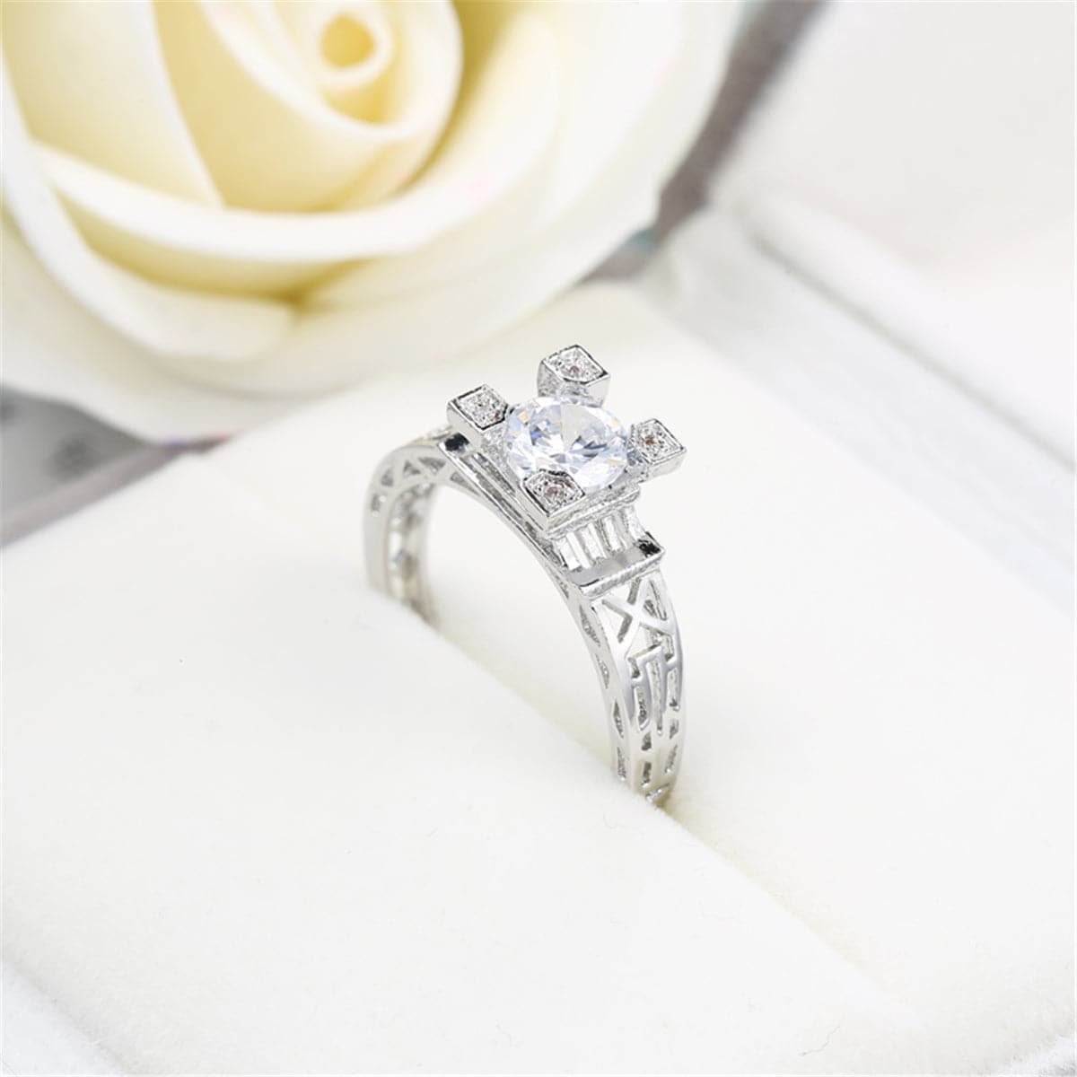 Crystal and Silver-Plated Cocktail Ring, silver statement rings for women, dainty minimalist design, detail close-up