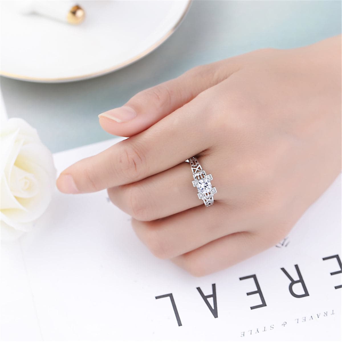 Crystal and Silver-Plated Cocktail Ring, silver statement rings for women, dainty minimalist design, styled look