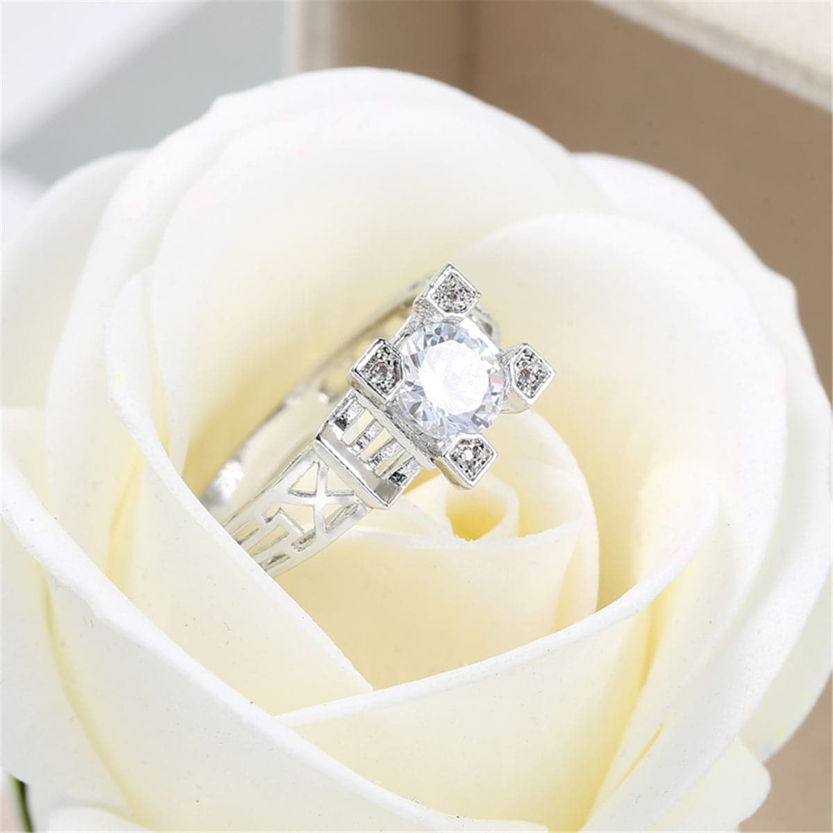 Crystal and Silver-Plated Cocktail Ring, silver statement rings for women, dainty minimalist design, side view