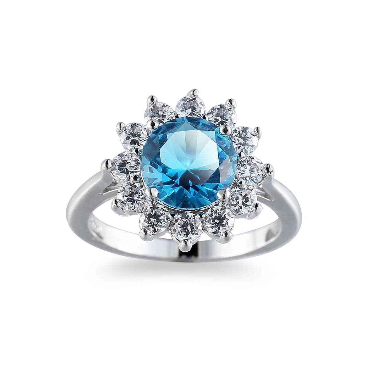 Sea Blue Cubic Zirconia & Silver-Plated Flower Ring