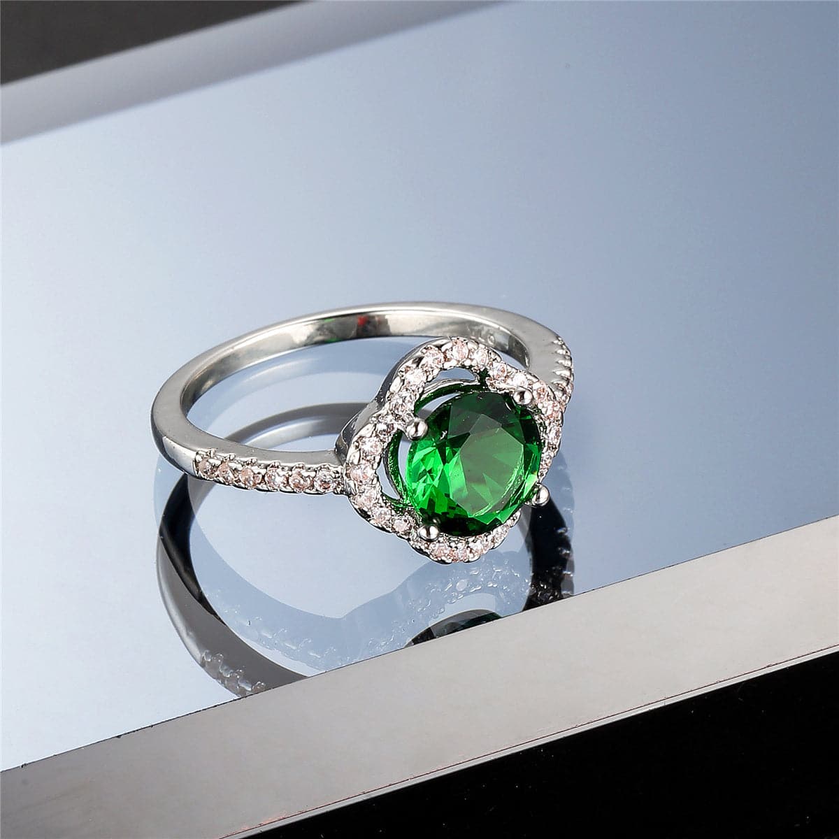 Green Cubic Zirconia & Crystal Clover Halo Round Ring