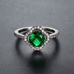 Green Cubic Zirconia & Crystal Clover Halo Round Ring
