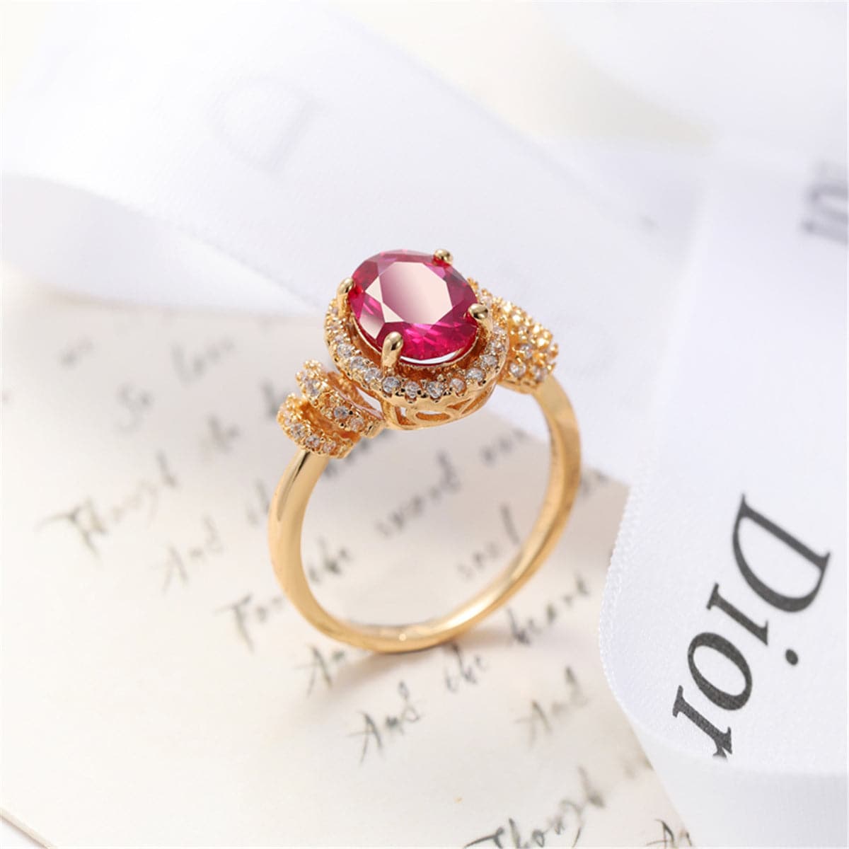 Red Crystal & Cubic Zirconia 18K Gold-Plated Pavé Halo Oval Ring