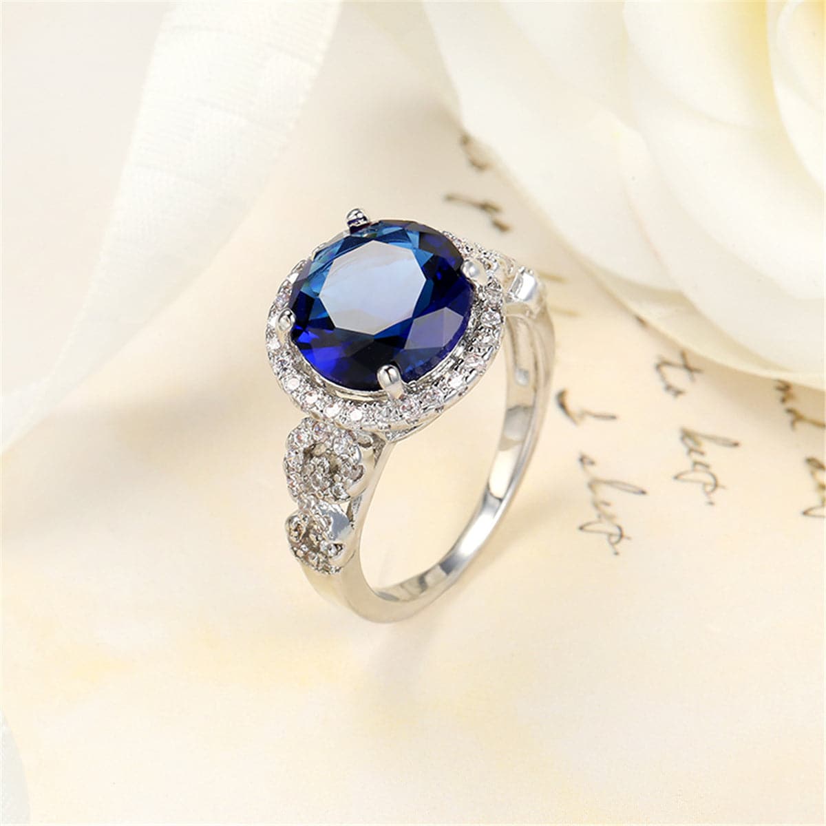 Navy Crystal and Silver-Plated Round Hola Ring, silver statement rings for women, dainty minimalist design, front view