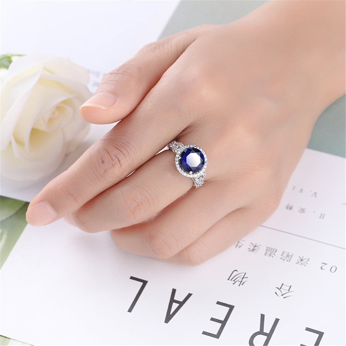 Navy Crystal and Silver-Plated Round Hola Ring, silver statement rings for women, dainty minimalist design, lifestyle look