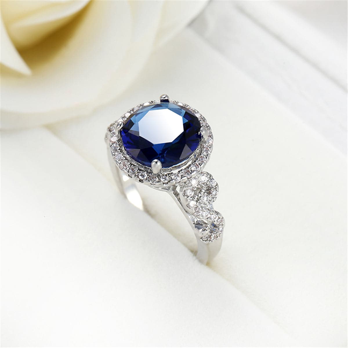 Navy Crystal and Silver-Plated Round Hola Ring, silver statement rings for women, dainty minimalist design, styled look