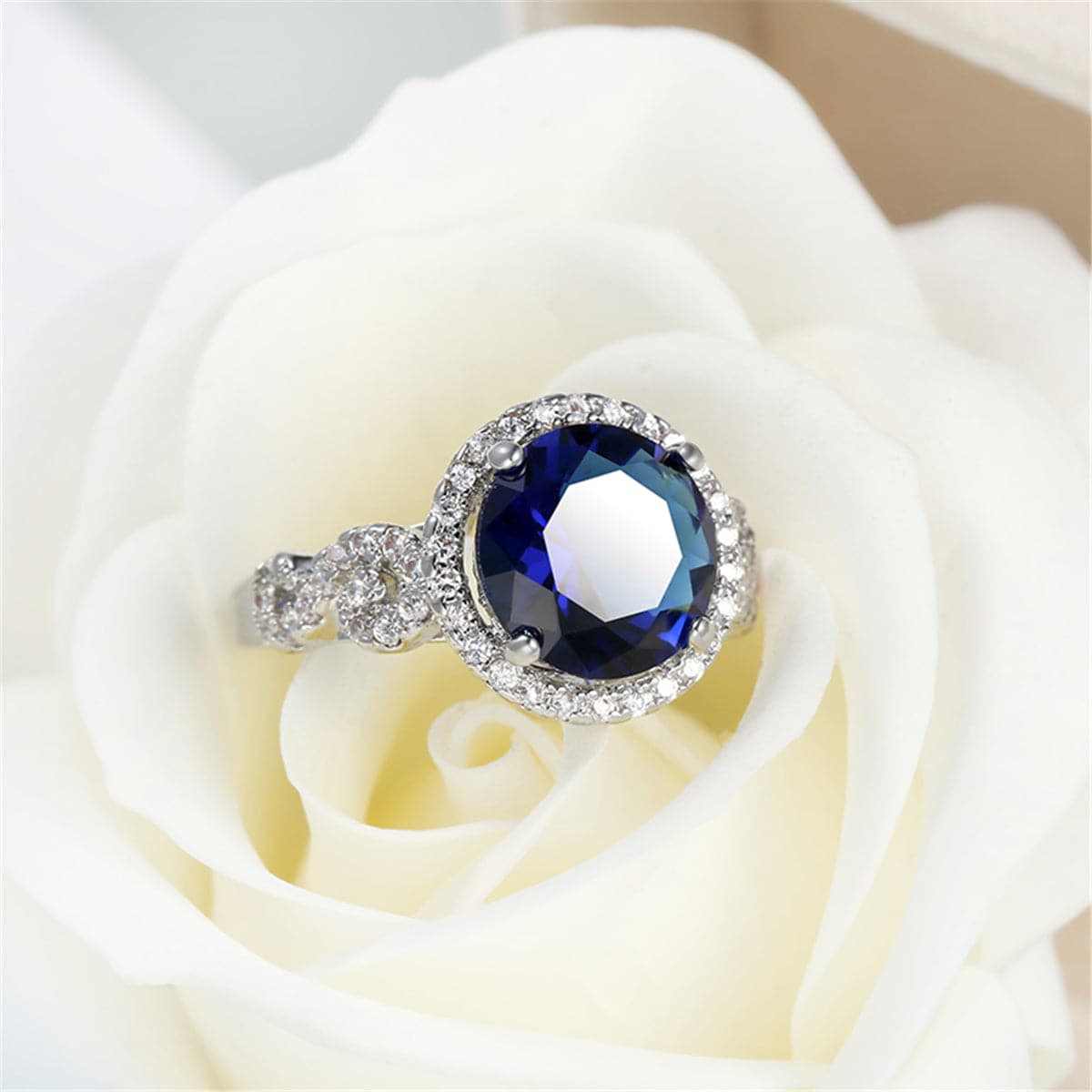 Navy Crystal and Silver-Plated Round Hola Ring, silver statement rings for women, dainty minimalist design, side view