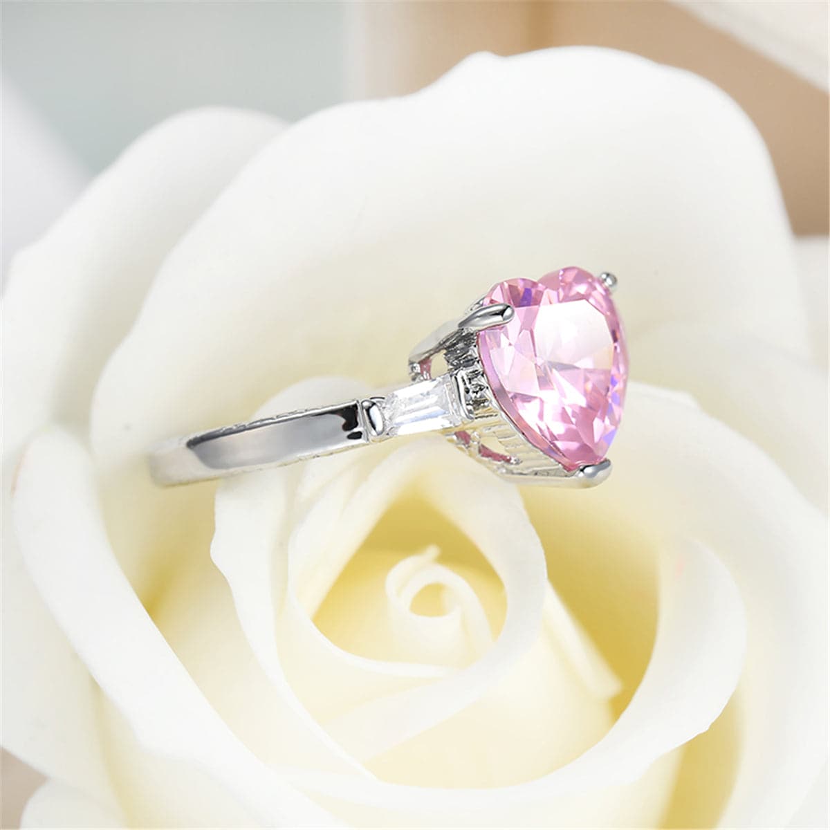 Pink Crystal and Silver-Plated Heart Ring, silver statement rings for women, botanical inspired, lifestyle look