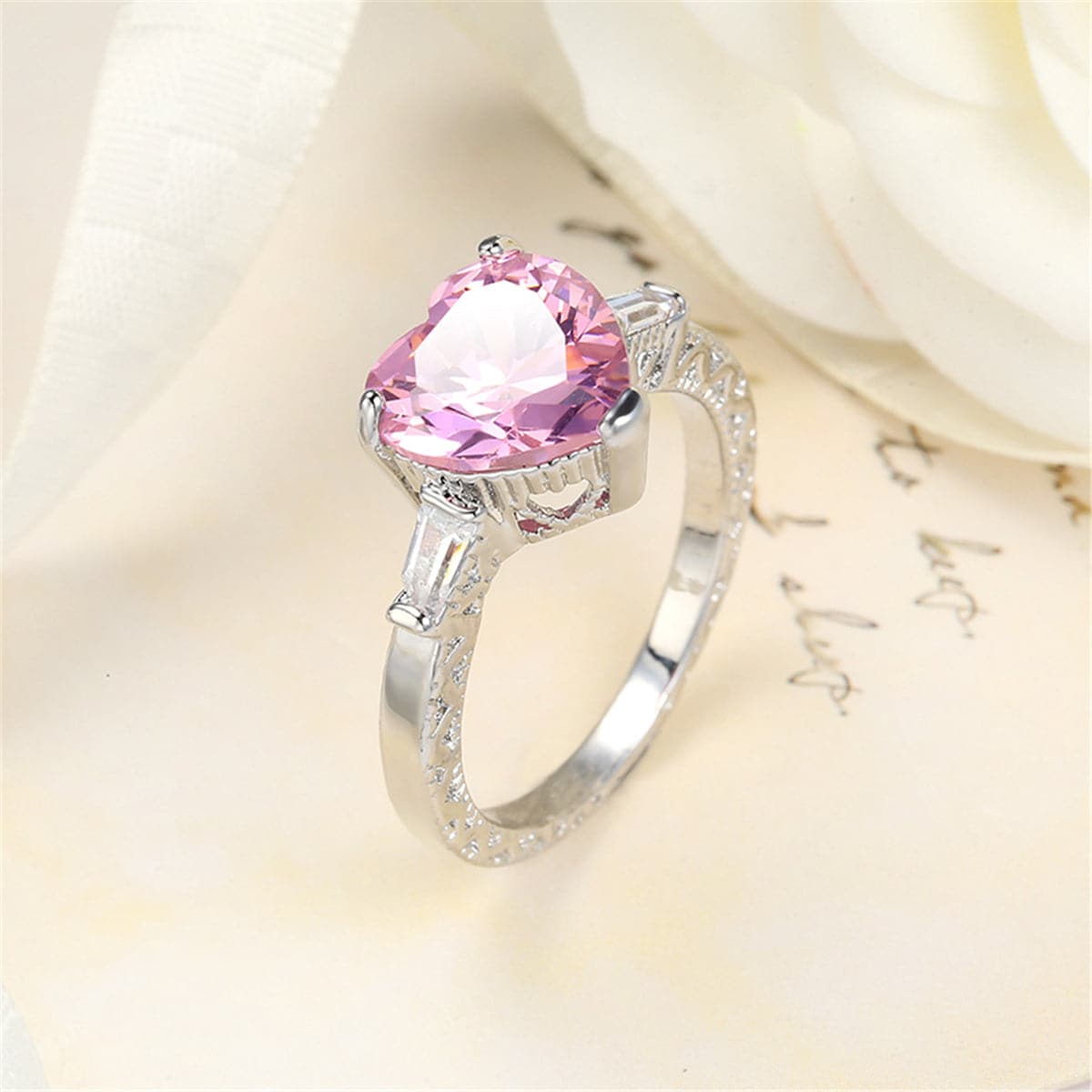 Pink Crystal and Silver-Plated Heart Ring, silver statement rings for women, botanical inspired, front view