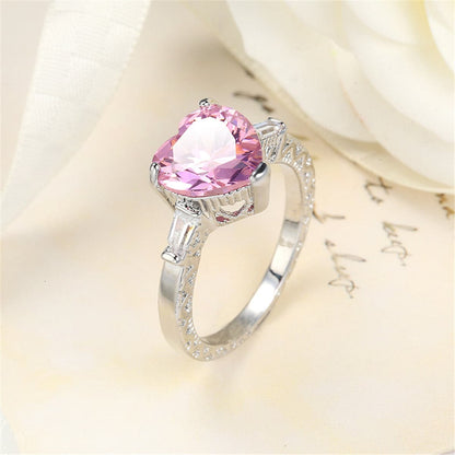 Pink Crystal and Silver-Plated Heart Ring, silver statement rings for women, botanical inspired, front view