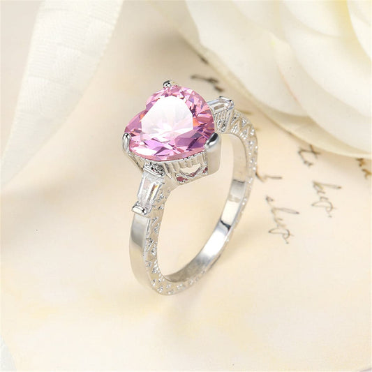 Pink Crystal and Silver-Plated Heart Ring, silver statement rings for women, elegant gift for her, front view