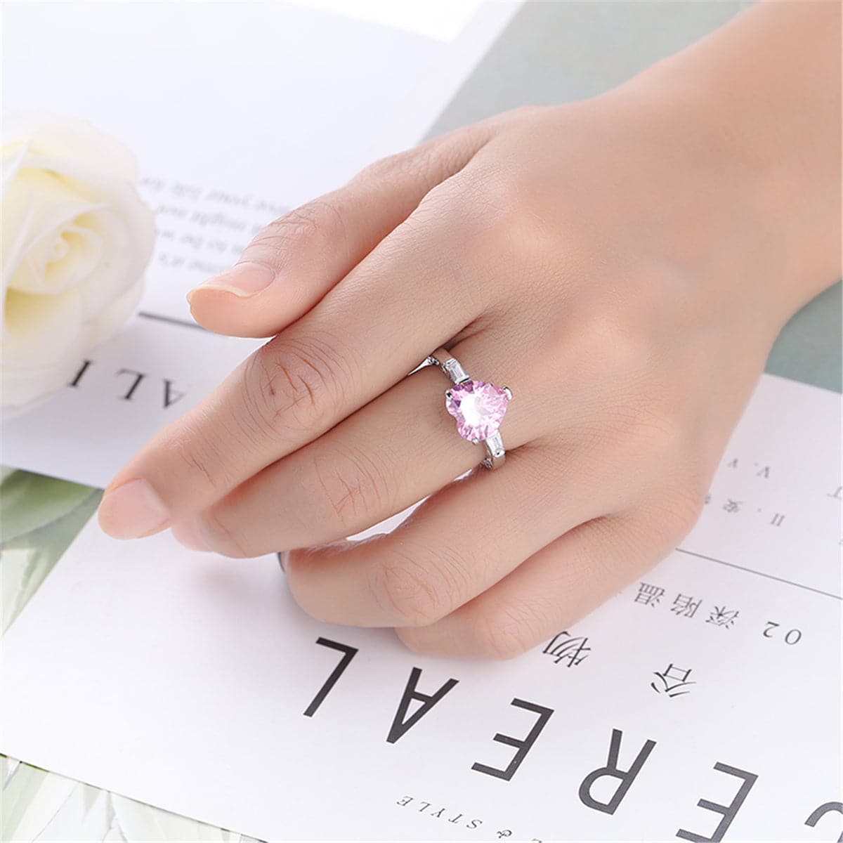 Pink Crystal and Silver-Plated Heart Ring, silver statement rings for women, botanical inspired, styled look