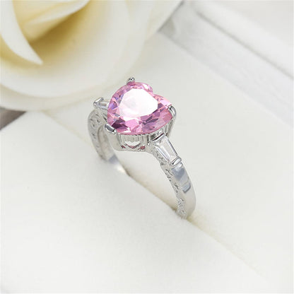 Pink Crystal and Silver-Plated Heart Ring, silver statement rings for women, botanical inspired, side view