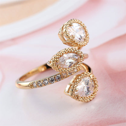 Crystal and Cubic Zirconia Milgrain Trio Bypass Ring, statement rings for women, botanical inspired, detail close-up