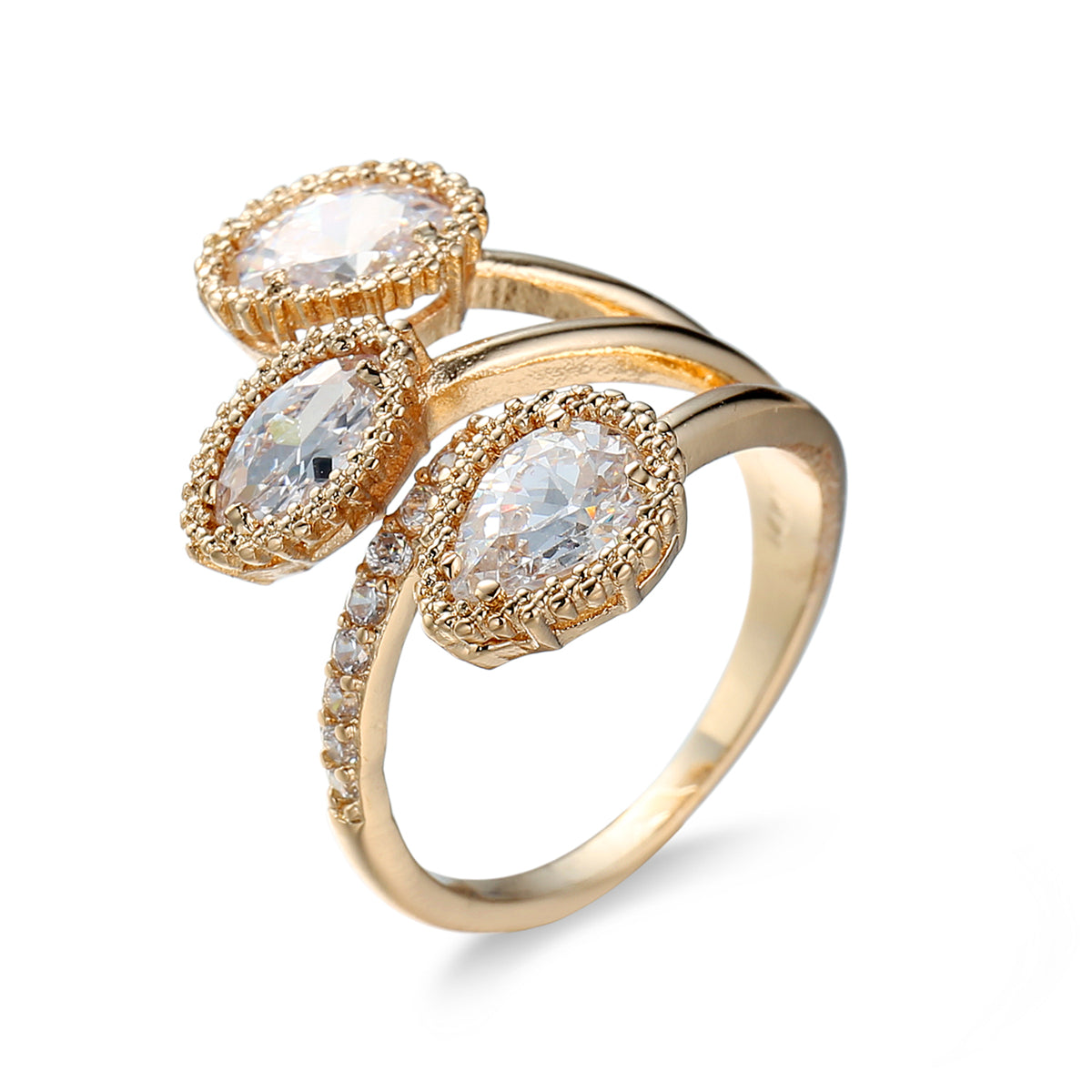 Crystal and Cubic Zirconia Milgrain Trio Bypass Ring, statement rings for women, botanical inspired, front view