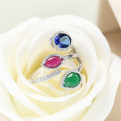 Mulitcolor Crystal & Cubic Zirconia Silver-Plated Bypass Ring