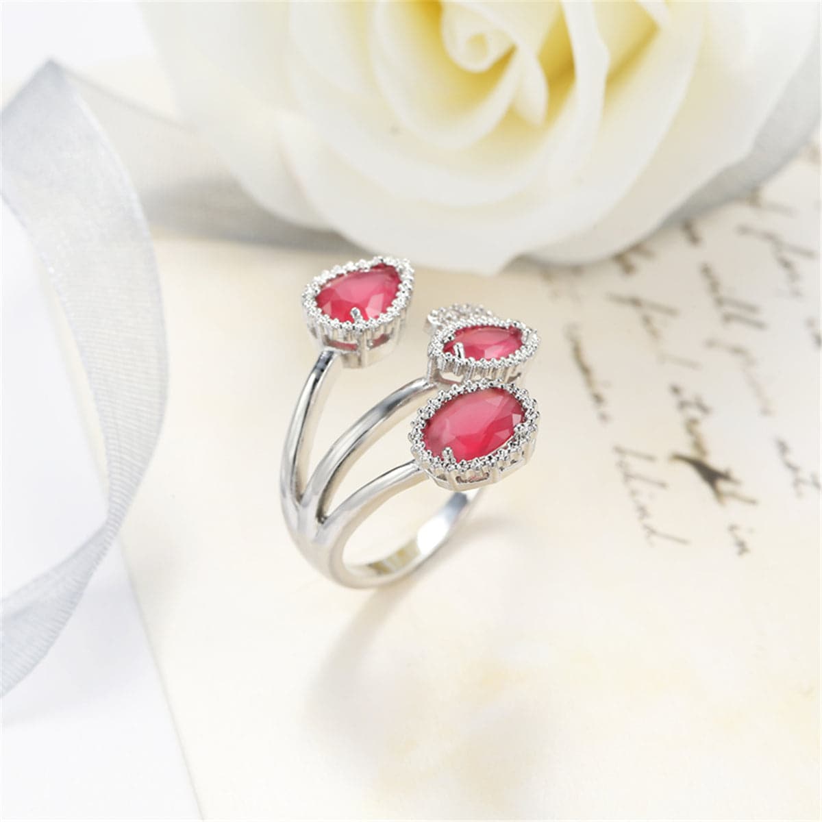 Rose Crystal & Silver-Plated Three-Stone Pear-Cut Ring