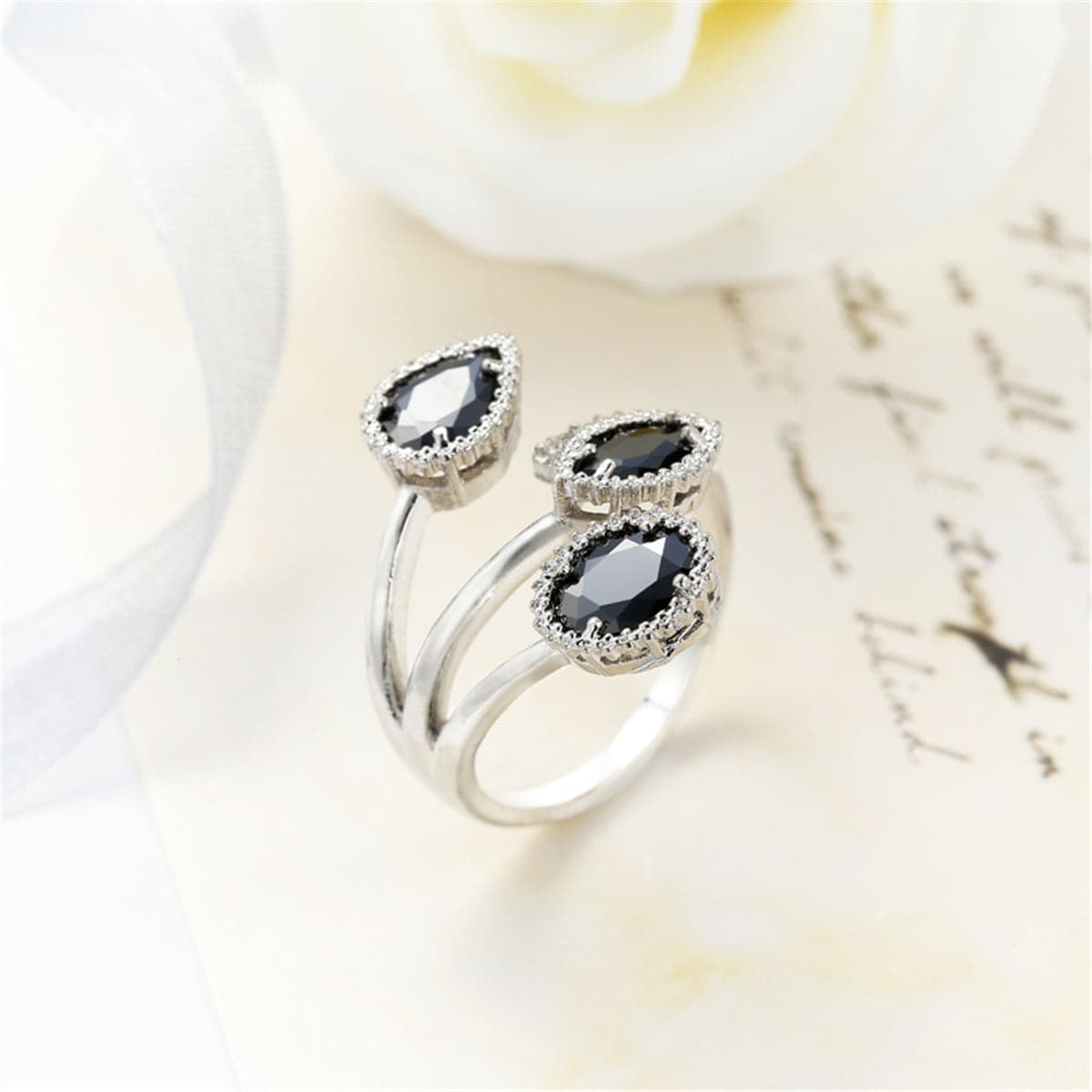 Black Crystal & Silver-Plated Rattan Ring
