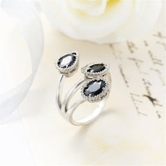 Black Crystal & Silver-Plated Rattan Ring