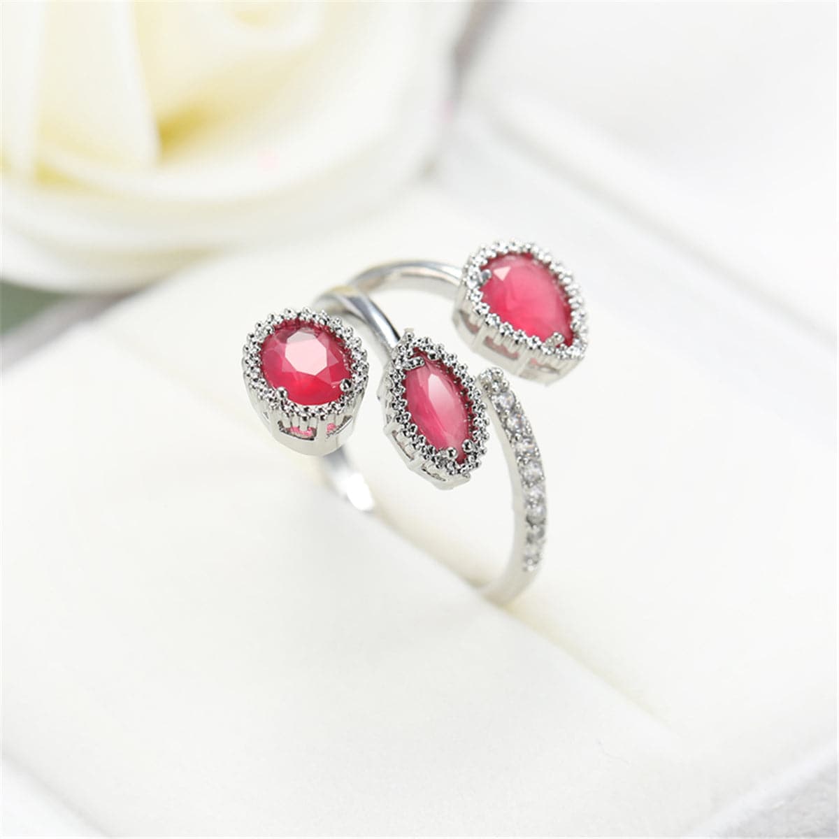 Rose Crystal & Silver-Plated Three-Stone Pear-Cut Ring