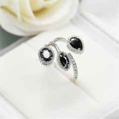 Black Crystal & Silver-Plated Rattan Ring