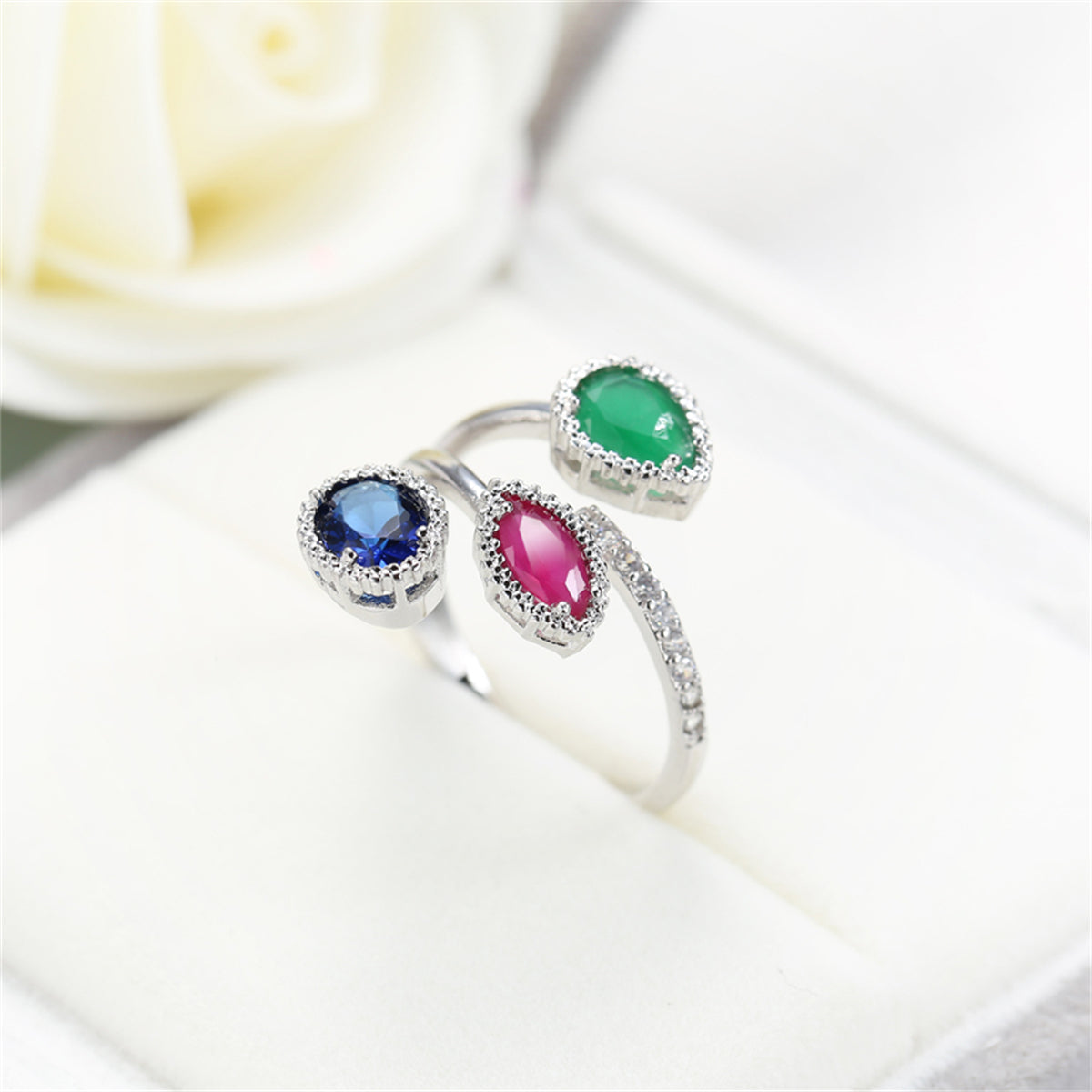 Mulitcolor Crystal & Cubic Zirconia Silver-Plated Bypass Ring