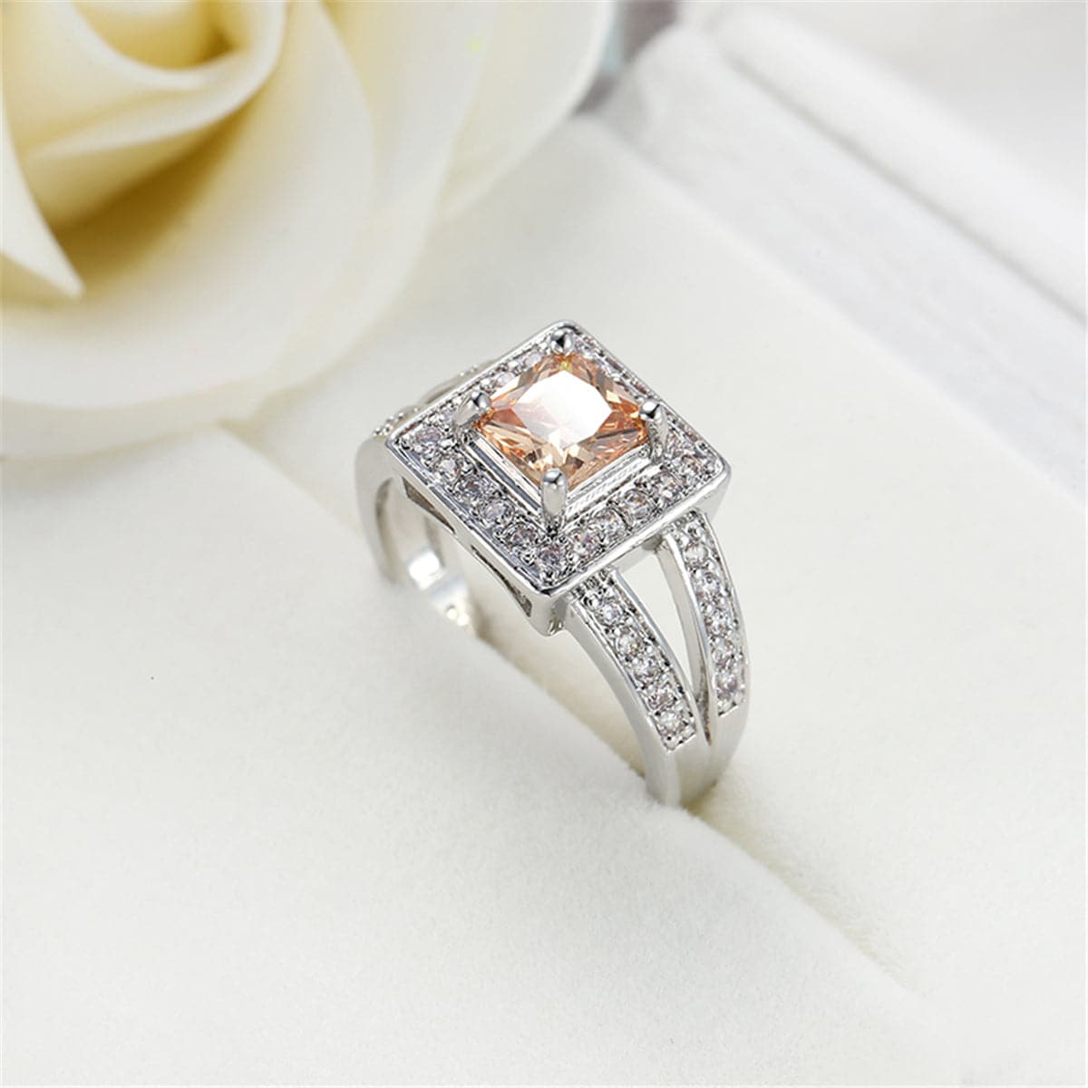 Champagne Crystal and Silver-Plated Square Hola Ring, silver statement rings for women, elegant gift for her, lifestyle look