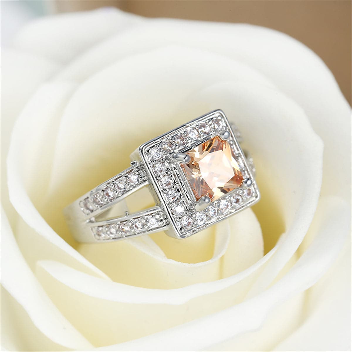Champagne Crystal and Silver-Plated Square Hola Ring, silver statement rings for women, elegant gift for her, styled look