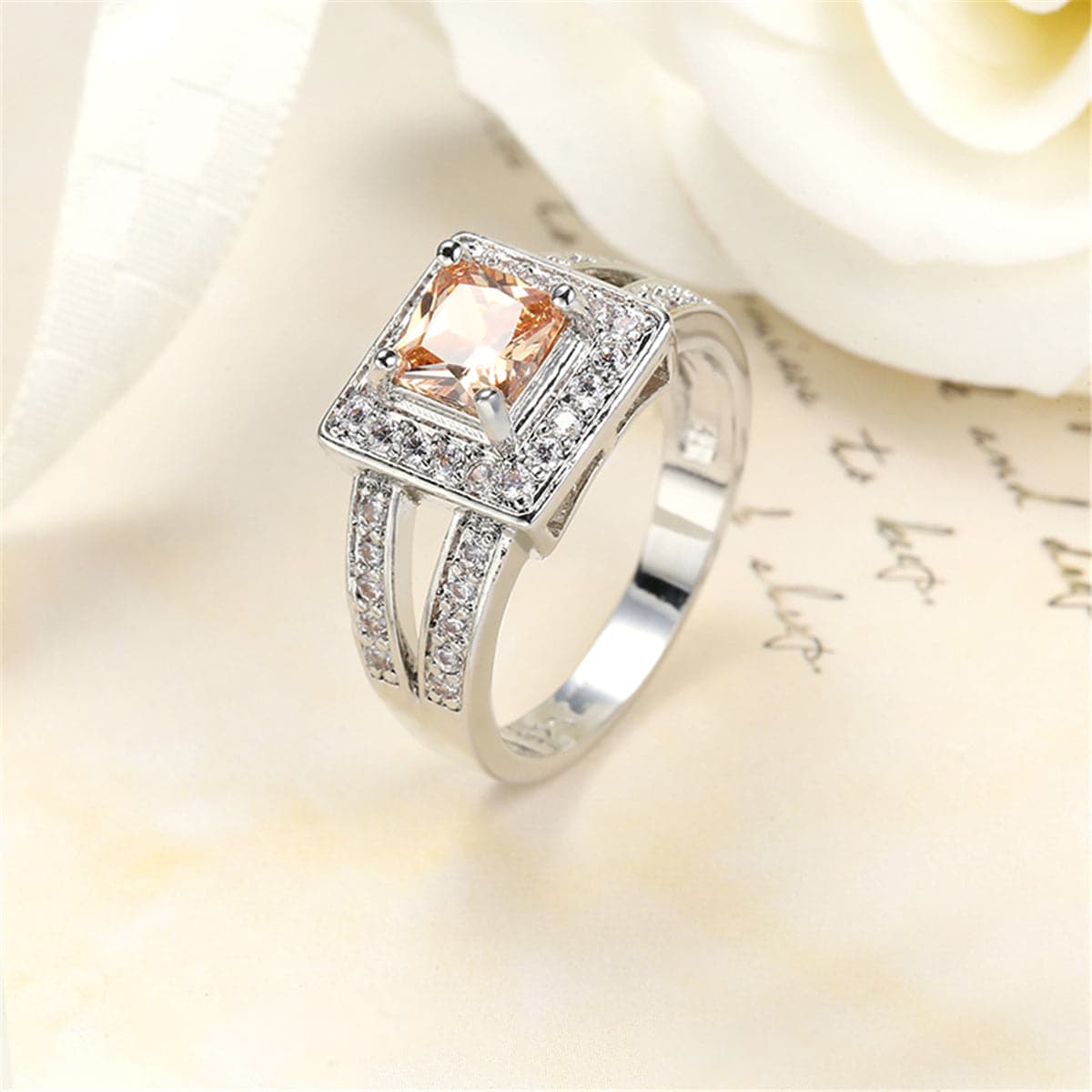 Champagne Crystal and Silver-Plated Square Hola Ring, silver statement rings for women, elegant gift for her, front view