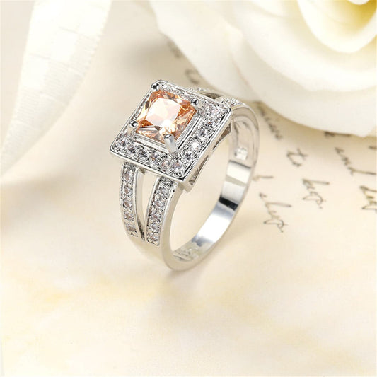 Champagne Crystal and Silver-Plated Square Hola Ring, silver statement rings for women, elegant gift for her, front view