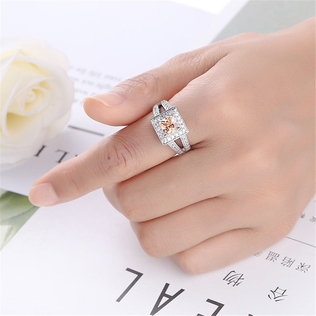 Champagne Crystal and Silver-Plated Square Hola Ring, silver statement rings for women, elegant gift for her, side view