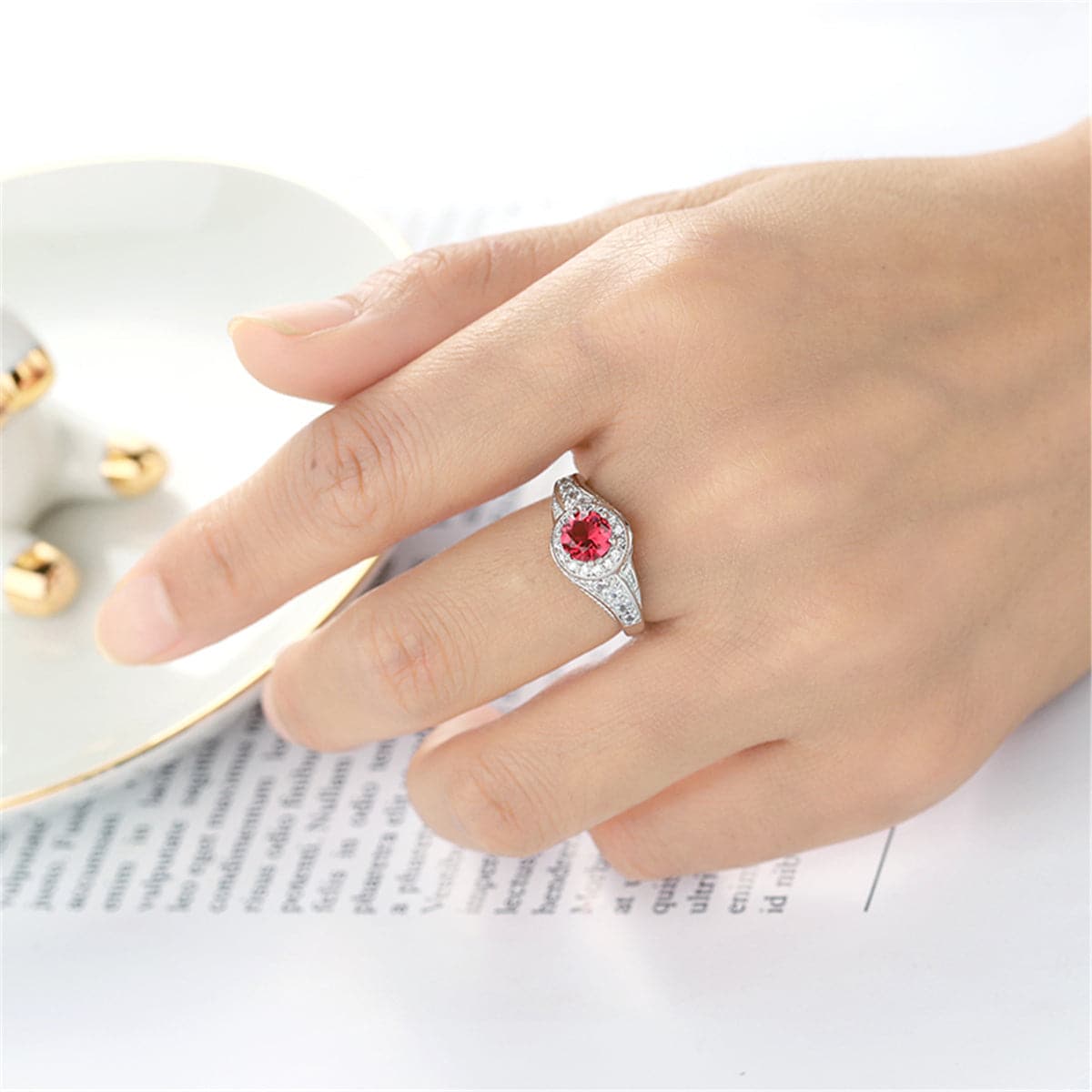 Rose Cubic Zirconia & Silver-Plated Round Ring