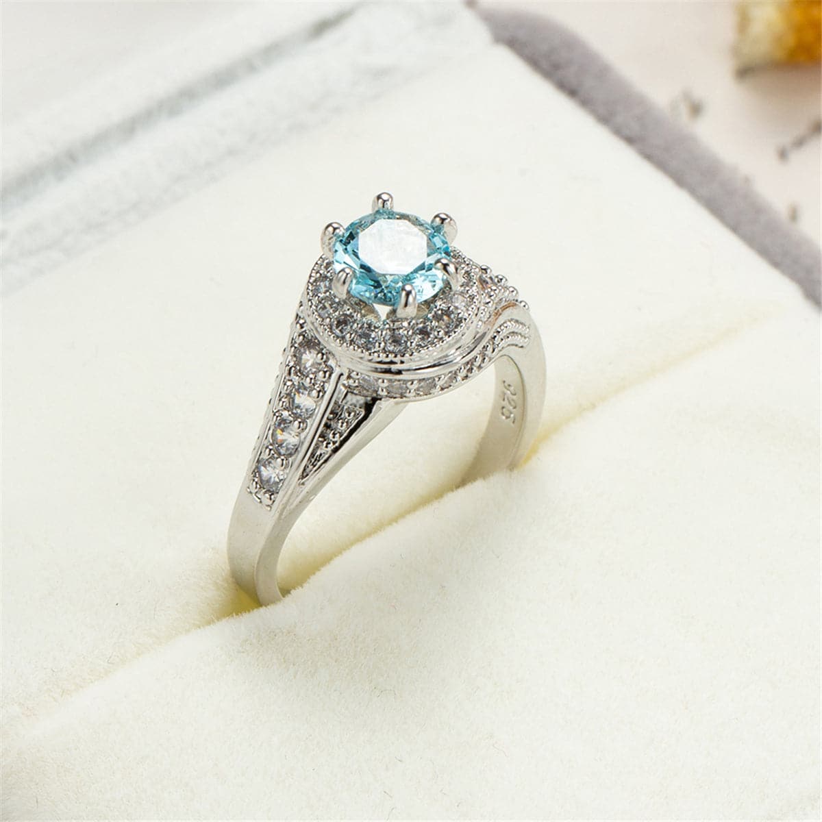 Sea Blue Cubic Zirconia & Silver-Plated Round Ring